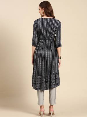 women's calf length scoop neck navy blue geometric anarkali kurta 5