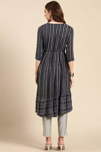 women's calf length scoop neck navy blue geometric anarkali kurta