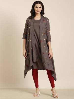 women's knee length round neck grey solid a-line kurta 5