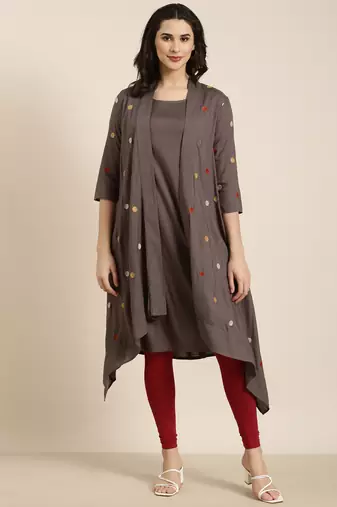 women's knee length round neck grey solid a-line kurta
