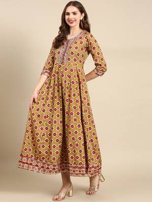 women's calf length round neck olive embellished anarkali kurta comes with duppatta 5