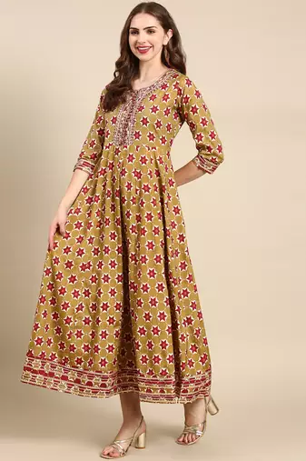 women's calf length round neck olive embellished anarkali kurta comes with duppatta