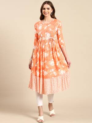 women's calf length scoop neck orange floral anarkali kurta 1