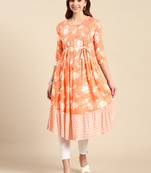 women's calf length scoop neck orange floral anarkali kurta