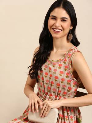 women's ankle length round neck beige floral anarkali kurta 1