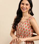 women's ankle length round neck beige floral anarkali kurta