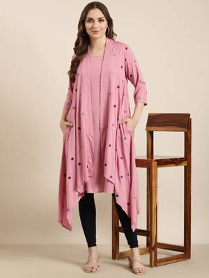 women's knee length round neck pink solid a-line kurta 1