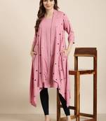 women's knee length round neck pink solid a-line kurta