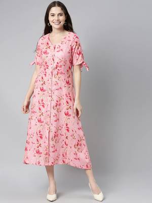 women pure cotton pink ethnic motifs printed a line dress 1