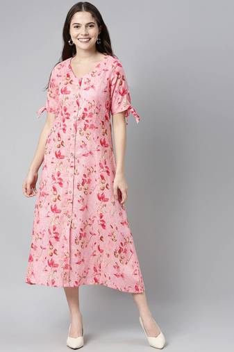 women pure cotton pink ethnic motifs printed a line dress