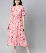 women pure cotton pink ethnic motifs printed a line dress