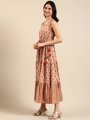 women's ankle length round neck beige floral anarkali kurta 3
