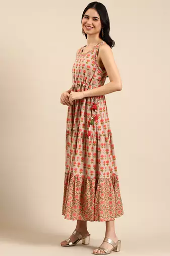 women's ankle length round neck beige floral anarkali kurta