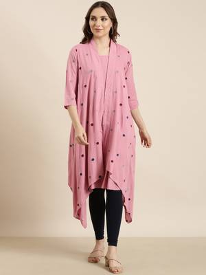 women's knee length round neck pink solid a-line kurta 2