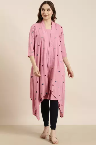 women's knee length round neck pink solid a-line kurta