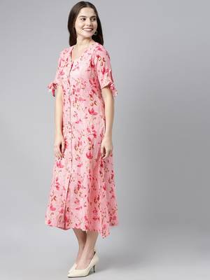 women pure cotton pink ethnic motifs printed a line dress 3