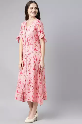 women pure cotton pink ethnic motifs printed a line dress