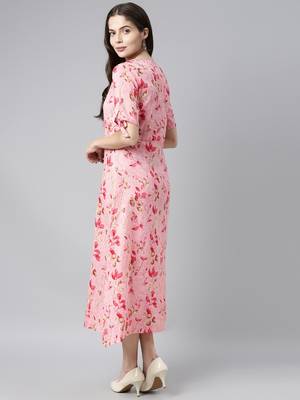 women pure cotton pink ethnic motifs printed a line dress 4