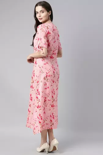 women pure cotton pink ethnic motifs printed a line dress