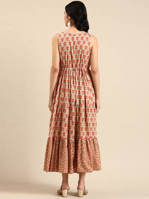 women's ankle length round neck beige floral anarkali kurta 4