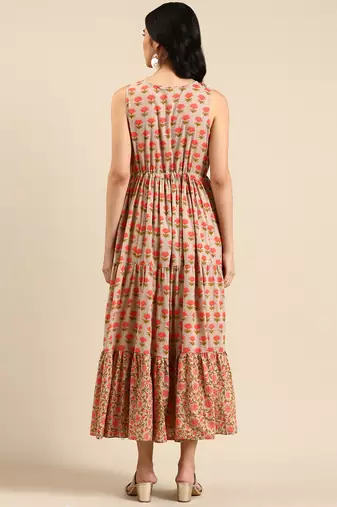 women's ankle length round neck beige floral anarkali kurta