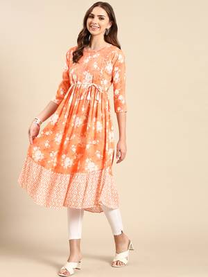 women's calf length scoop neck orange floral anarkali kurta 4