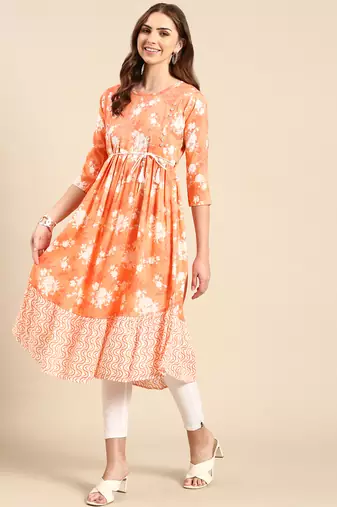 women's calf length scoop neck orange floral anarkali kurta