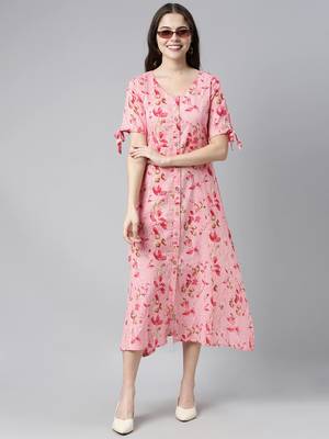 women pure cotton pink ethnic motifs printed a line dress 5
