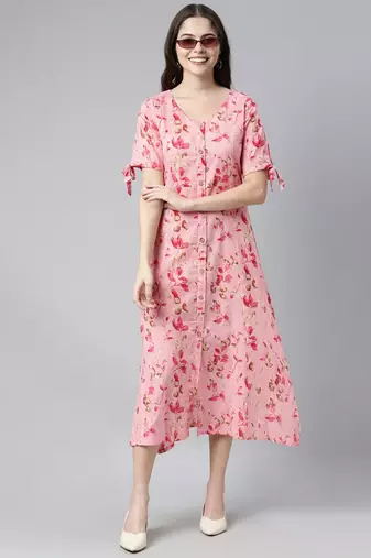 women pure cotton pink ethnic motifs printed a line dress