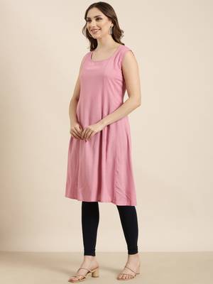 women's knee length round neck pink solid a-line kurta 3