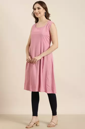 women's knee length round neck pink solid a-line kurta