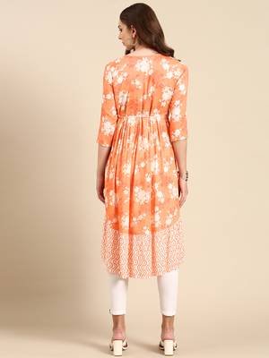 women's calf length scoop neck orange floral anarkali kurta 5