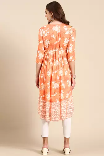 women's calf length scoop neck orange floral anarkali kurta