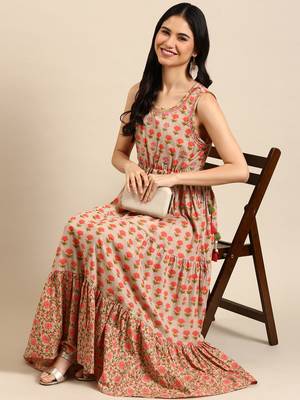 women's ankle length round neck beige floral anarkali kurta 5