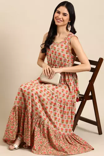 women's ankle length round neck beige floral anarkali kurta
