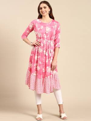 women's calf length scoop neck pink floral anarkali kurta 1