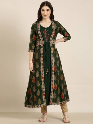 Showoff women's ankle length round neck green solid anarkali kurta 2