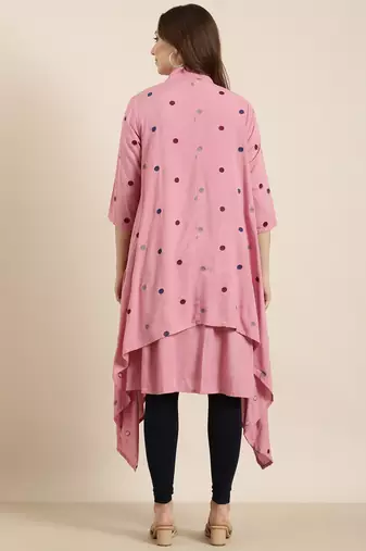 women's knee length round neck pink solid a-line kurta
