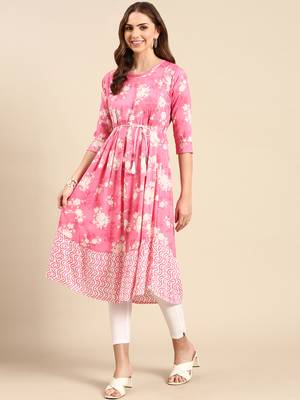 women's calf length scoop neck pink floral anarkali kurta 4