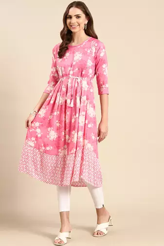 women's calf length scoop neck pink floral anarkali kurta