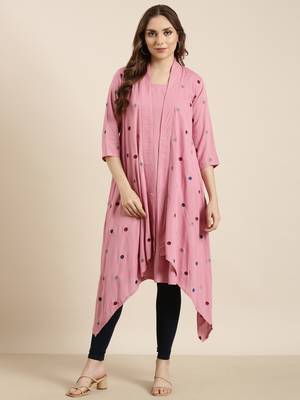 women's knee length round neck pink solid a-line kurta 5