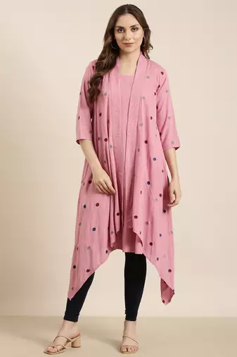 women's knee length round neck pink solid a-line kurta