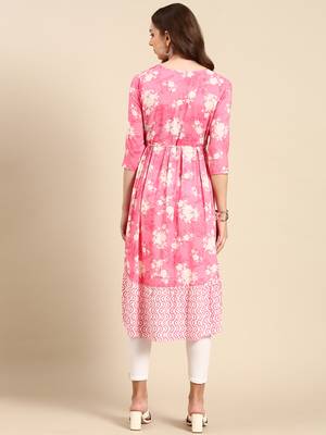 women's calf length scoop neck pink floral anarkali kurta 5