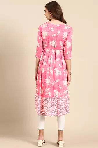 women's calf length scoop neck pink floral anarkali kurta
