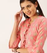 women's calf length mandarin collar peach ethnic motifs a-line kurta