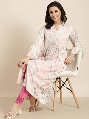 women's calf length mandarin collar white abstract a-line kurta 1