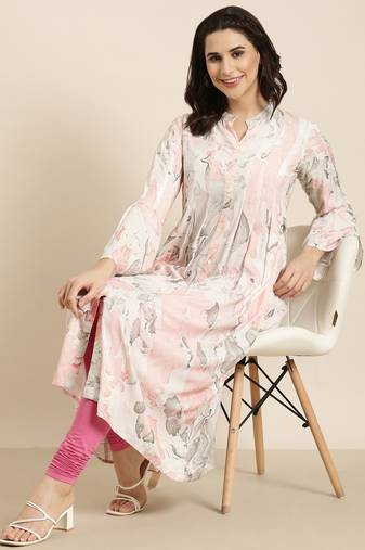 women's calf length mandarin collar white abstract a-line kurta
