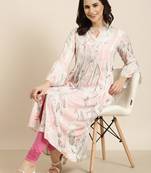 women's calf length mandarin collar white abstract a-line kurta