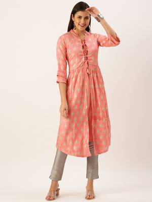 women's calf length mandarin collar peach ethnic motifs a-line kurta 2