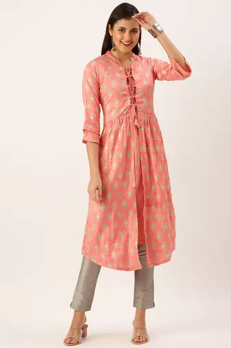 women's calf length mandarin collar peach ethnic motifs a-line kurta